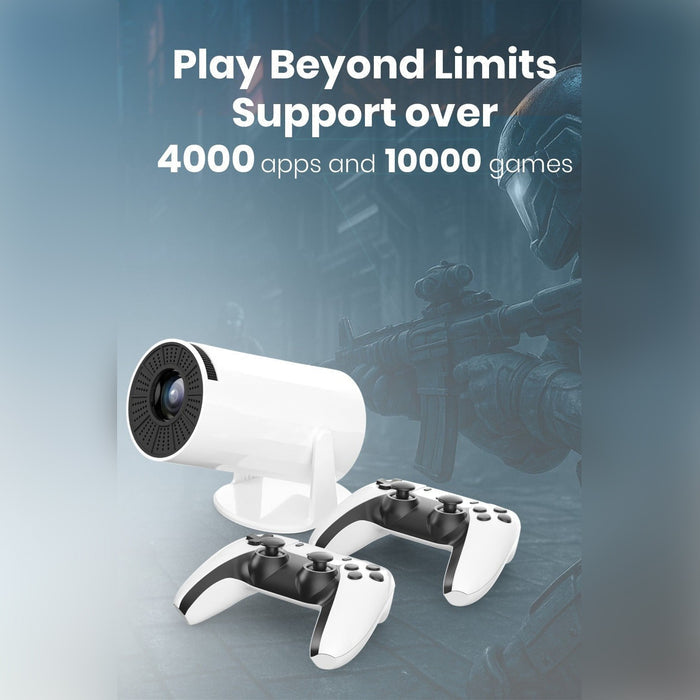 Moxedo Zentra Smart Gaming Projector with text about app and game support on a blurred background