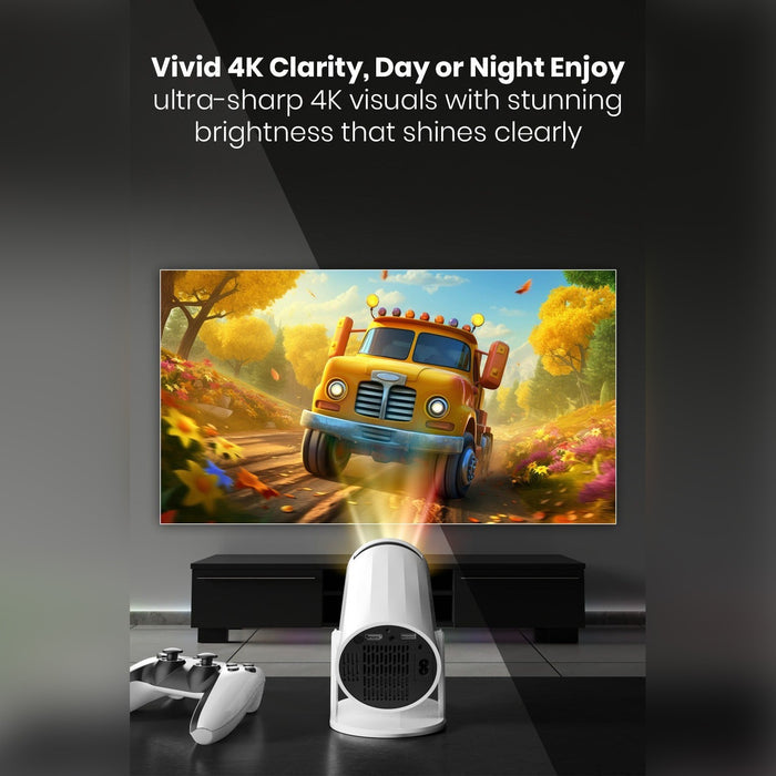 Moxedo Zentra Smart Gaming Projector displaying a colorful scene with a truck, with text about 4K clarity.