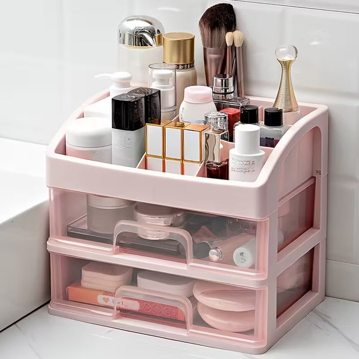 Multi-Compartment Makeup Organizer with various beauty products on a white surface.