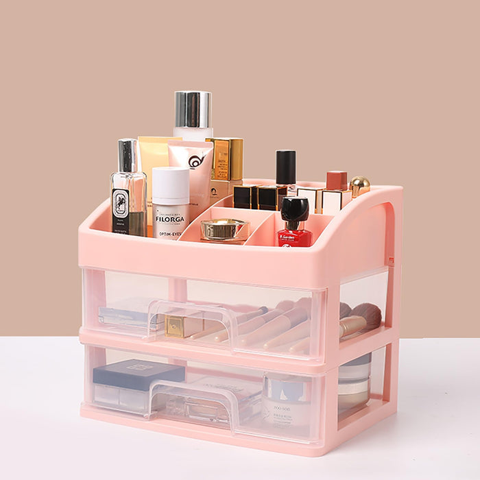Pink cosmetic organizer with various products on a beige background