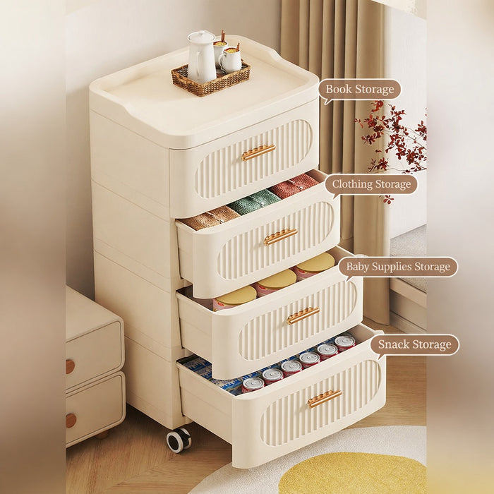 Multiple Items are Organized at Different Drawers of Multi-Drawer Storage Cabinet .