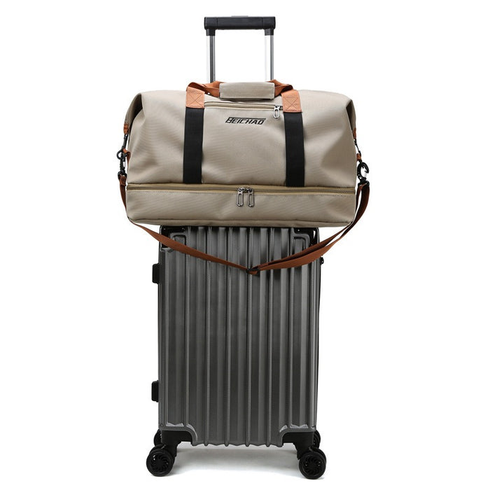 Multi-functional Fashion Fitness Travel Duffle Bag is Placed Above Trolley Bag.