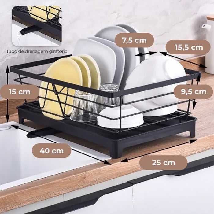 Black dish drying rack with measurements on a kitchen counter