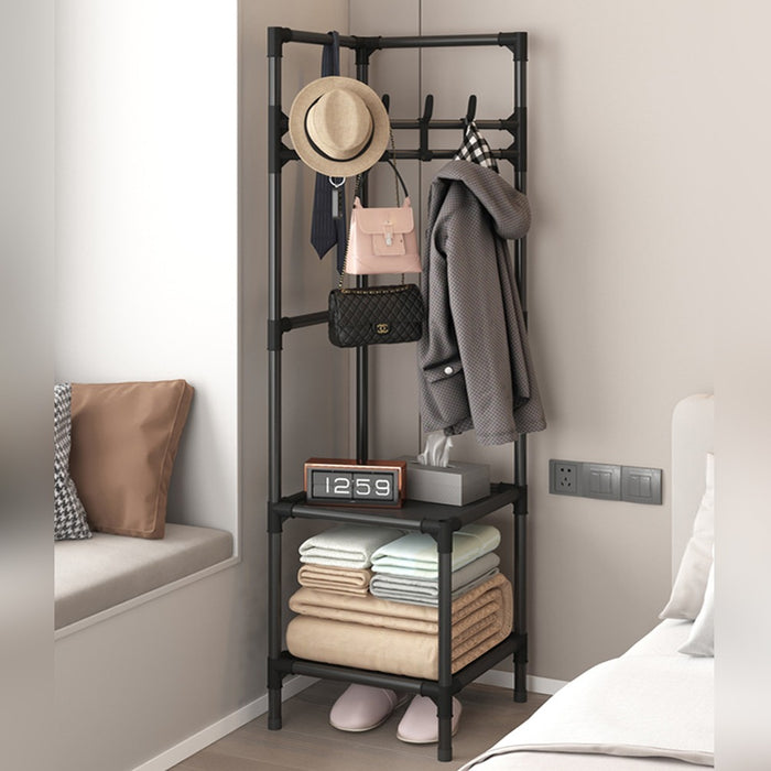 Multi-Layer Clothing Rack with Cloth, Bags  and Hat are Organized.