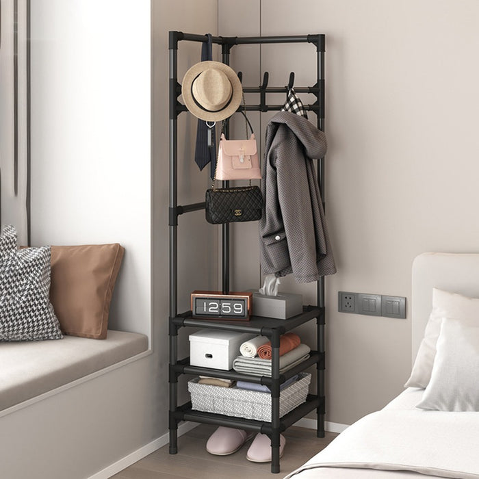 Multi-Layer Clothing Rack with Cloth, Bags  and Hat are Organized.