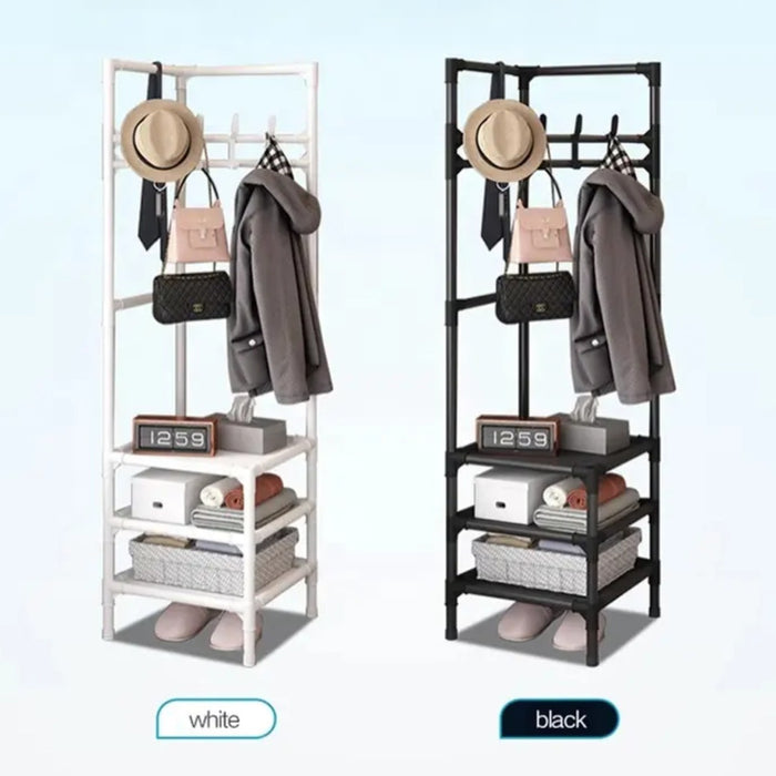Dfferent Colors Of Multi-Layer Clothing Rack with Cloth, Bags  and Hat are Organized.
