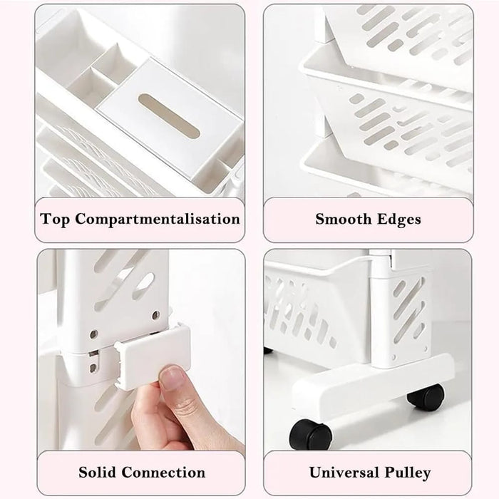 A Person is Demonstrating the Parts Of A Rolling Bookshelf Rack Is Organized with Books.