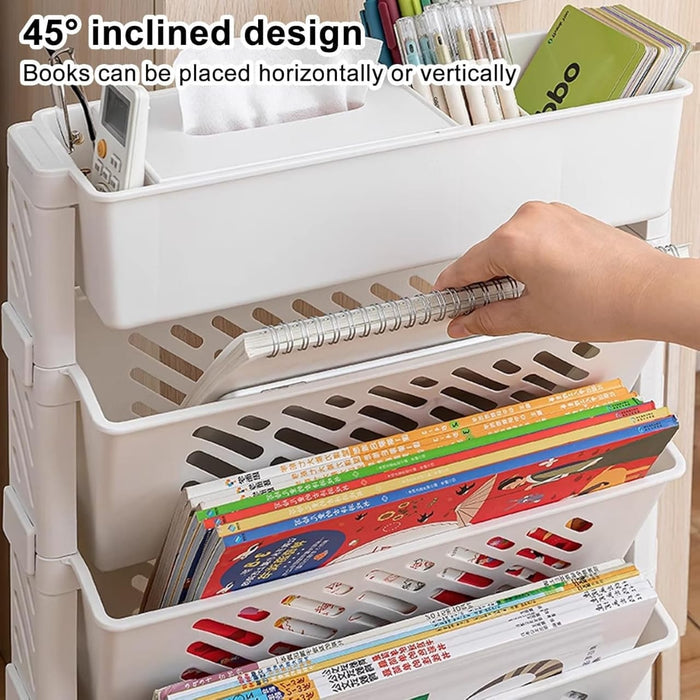 A Person is Taking Book From A Rolling Bookshelf Rack Is Organized with Books.
