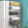 Multi-layer Refrigerator Side Rack is Hanged On the Refrigerator Having Kitchen Essentials.