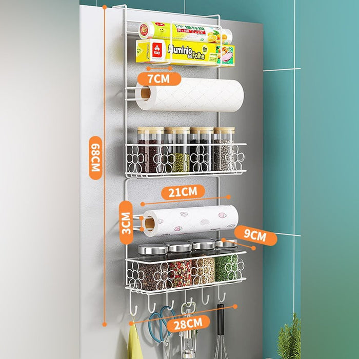 Size Of Multi-layer Refrigerator Side Rack is Hanged On the Refrigerator Having Kitchen Essentials.