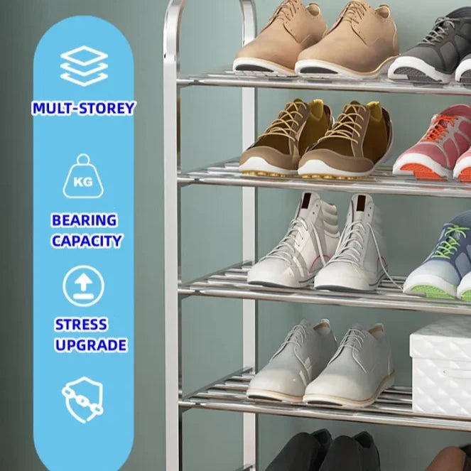 Multi-Layer Stainless Steel Shoes Rack with Shoes Are Arranged On it.