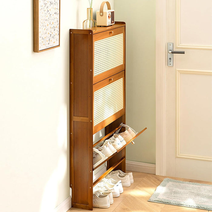 Multi-Layer Wooden Flip Down Shoe Storage Organizer Rack Organized with Shoes.