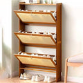 Multi-Layer Wooden Flip Down Shoe Storage Organizer Rack Organized with Shoes.