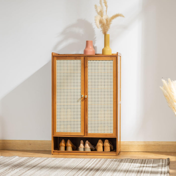 Multi-Layer Wooden Flip Down Shoe Storage Organizer Rack Organized with Shoes.