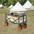 A Multi-Purpose Trolley with Table Organized with Food Items are Kept Near Camping Tent.