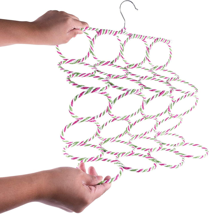 A Person is Folding Multi-Ring Hanging Scarf Holder.