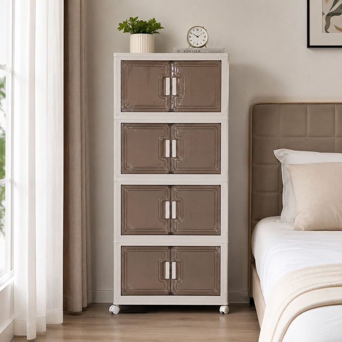 A 4-Tier Foldable Storage Cabinet is Placed at the Corner of the room.