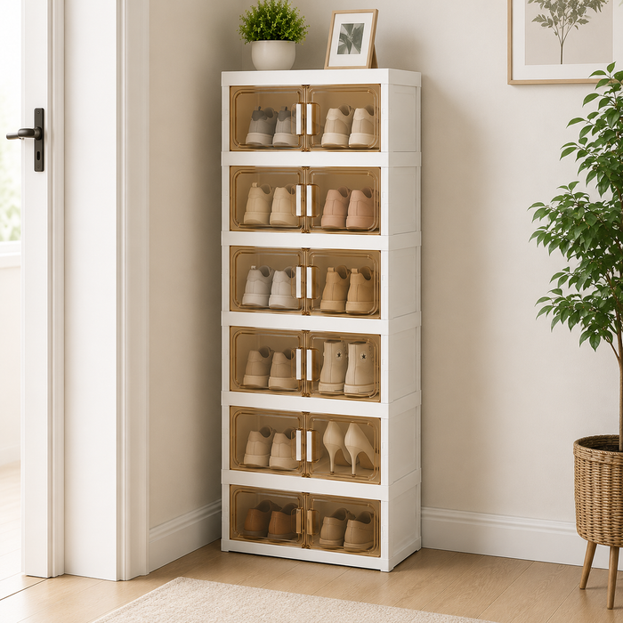 Multi-Tiered Shoe Storage Cabinet arranged with shoes at corner of living area.