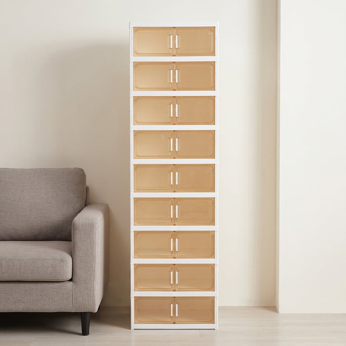 Multi-Tiered Shoe Storage Cabinet Beside a Sofa Set.