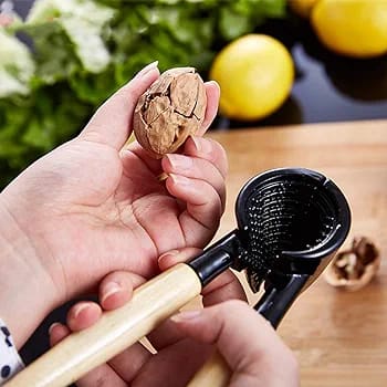 A person holding a Nutcracker Tool and a piece of nut cracked using the same Nutcracker Tool