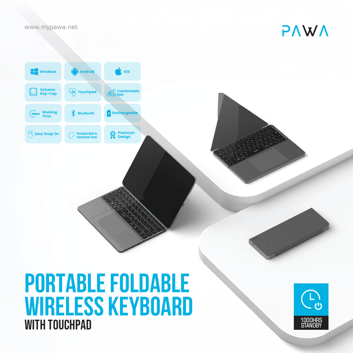 Portable foldable wireless keyboard with touchpad on a white background, featuring the PAWA brand.