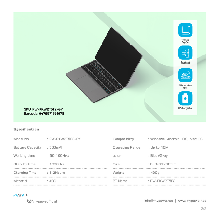 Laptop with PAWA Foldable Wireless Bluetooth Keyboard and specifications on a light green background