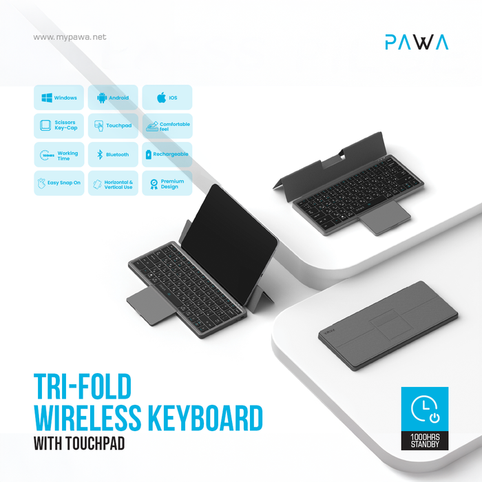 Tri-fold wireless keyboard with touchpad on a white background, featuring the Pawa brand.