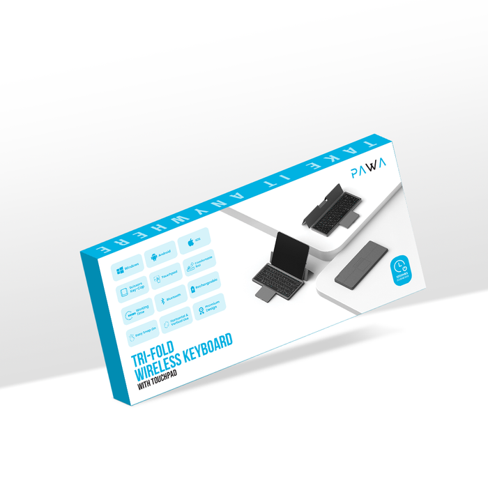 PAWA tri-fold wireless keyboard packaging on a white background