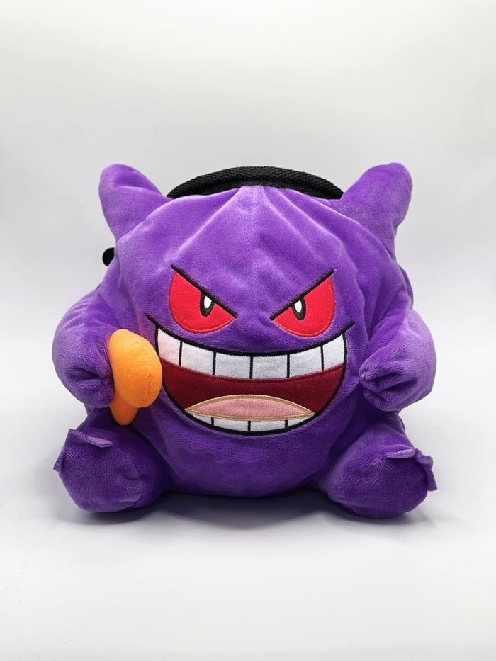 A cute anime plush chalk bag by Fatworm featuring Gengar holding a peanut. This functional and fluffy accessory is handmade for bouldering and climbing for rock climbing, offering a long-durable design that makes the perfect climbing gift for a climber.