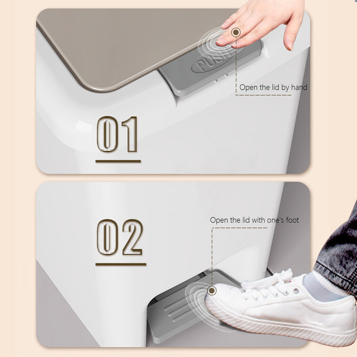 A person is demonstrating the working of Pedal Trash Bin.