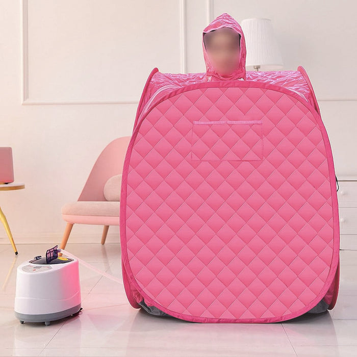 A Woman is Using Personal Sauna Room Tent Which is Connected to Steam Generator.