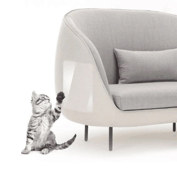 A Cat is Trying to Scratch a Sofa Set Which is Protected With Pet Scratch Guard Furniture Protector Sticker.