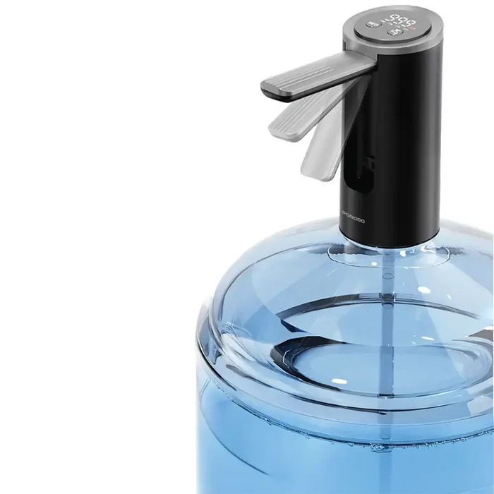 A Porodo foldable electric water pump is mounted on top of a large water bottle.