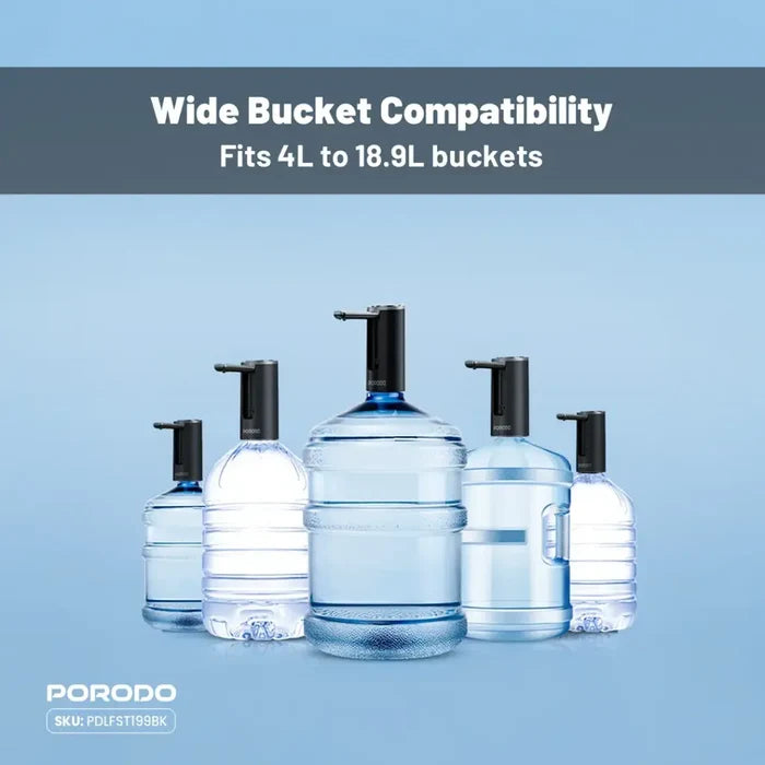 A Porodo foldable electric water pump is mounted on top of a different  water bottle.