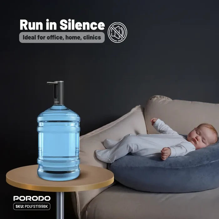A Porodo foldable electric water pump is placed on top of a large water bottle sitting on a small table beside a sofa. Next to it, a baby is peacefully sleeping, highlighting the product’s quiet operation.