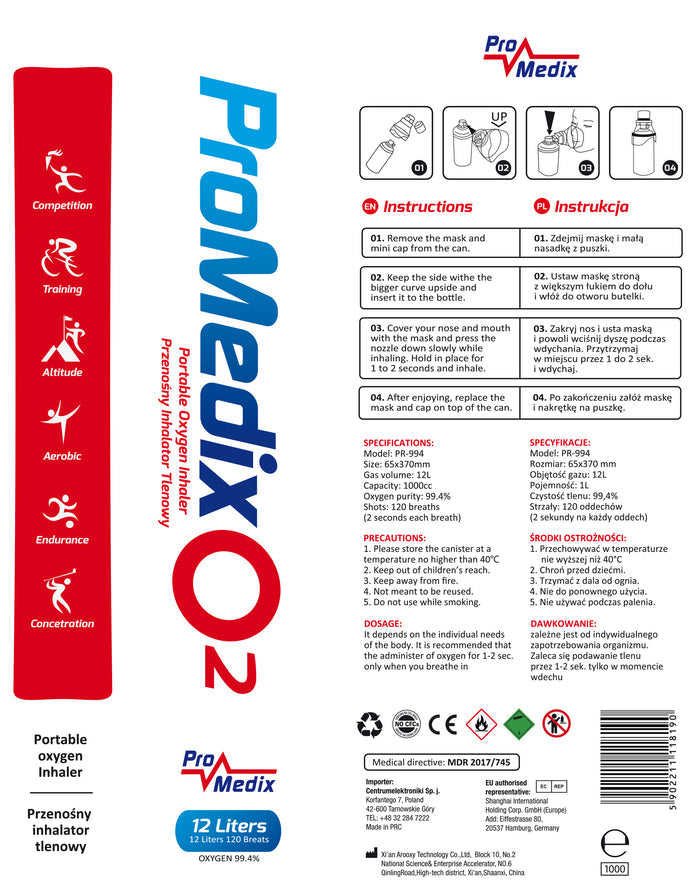 Portable 99.4% canned oxygen inhaler Promedix 12L, PR-994, 10 units