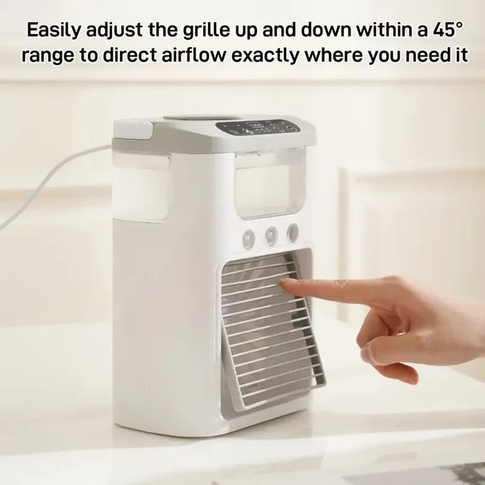 A Person is Adjusting the Grill Of Portable Air Cooler Fan.