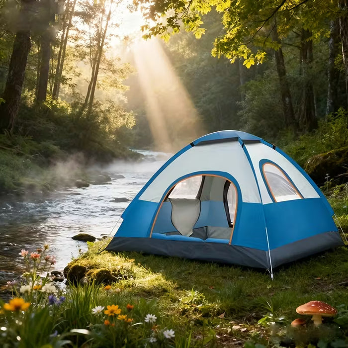 A Portable Camping Tent is Setting Up on a Forest Area.
