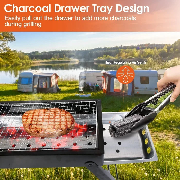 A Person is Placing Charcoal On to Portable Charcoal Barbecue Grill.