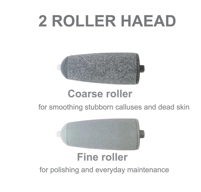 Two roller heads, one labeled "Coarse" and the other "Fine", accompany the Portable Electric Pedicure Foot Callus Remover.