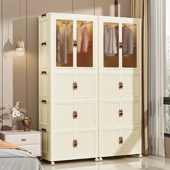 Portable folding storage cabinet with wheels placed on the floor next to the window