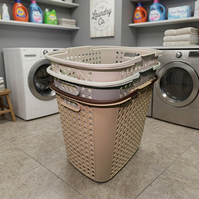 Stack of laundry baskets in a laundry room with washing machines and detergent bottles.