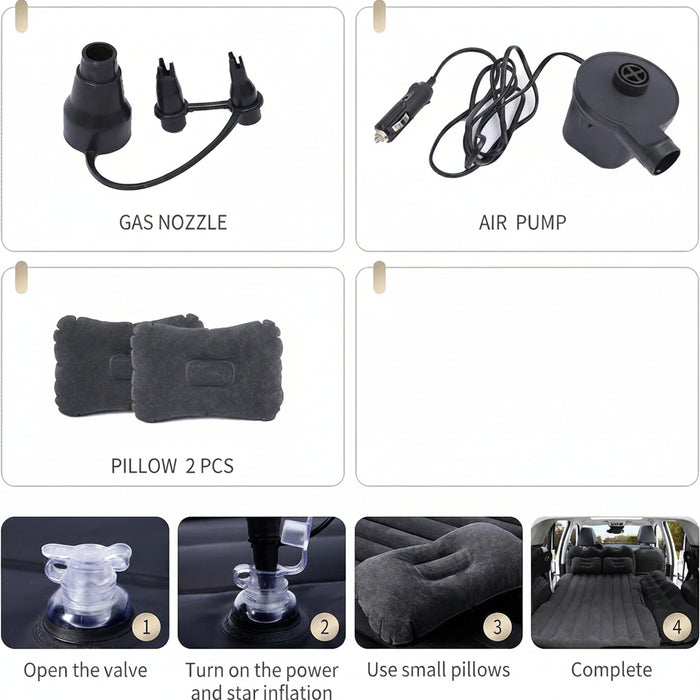 A collage of items included in a Portable Travel Inflatable Car Bed