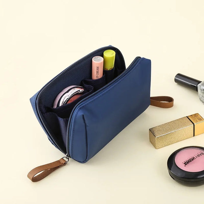 Portable Waterproof Solid Color Cosmetic Bag Toiletry Storage Pouch  in blue color