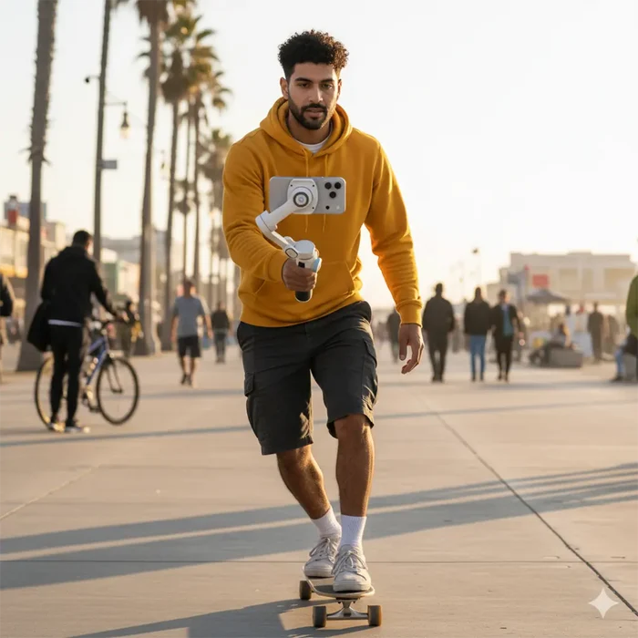 Man skateboarding on a boardwalk holding Powerology MagWave 3-Axis Magnetic Smartphone Gimbal with Phone and people in the background