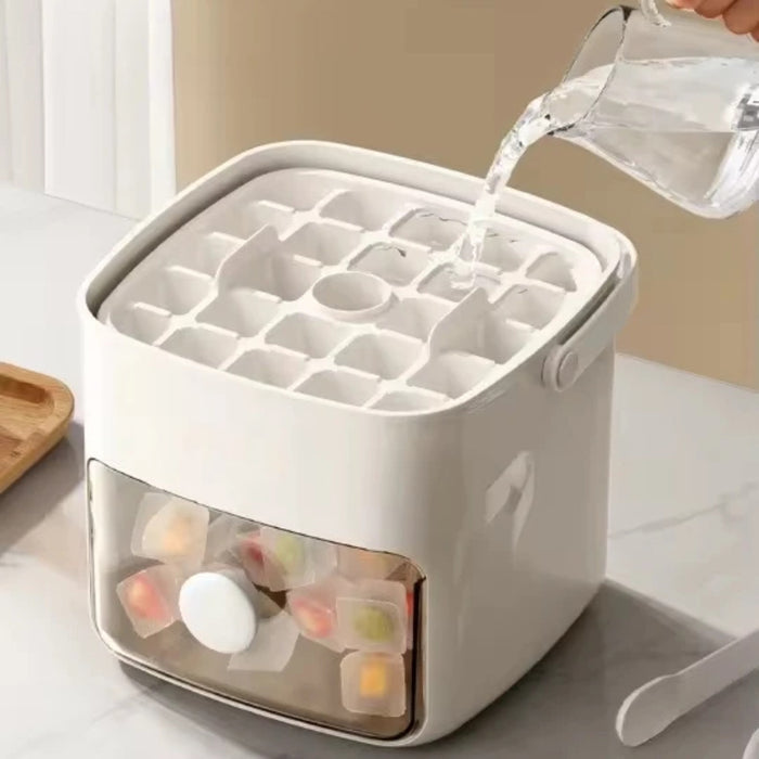 Someone is pouring water in to Press-Type  Ice Cube Maker.