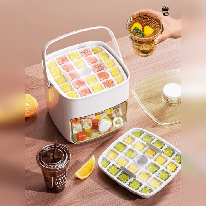 A Press-Type  Ice Cube Maker with Ice Cubes.