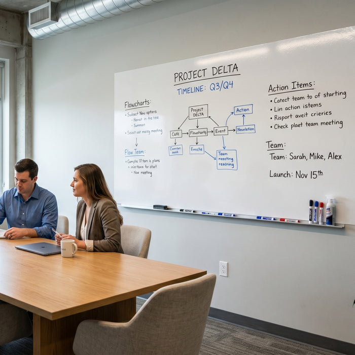 Two people sitting at a table in front of a whiteboard with 'Project Delta' on it.