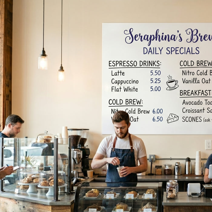 Coffee shop interior with a barista and a  whiteboard menu board displaying daily specials.