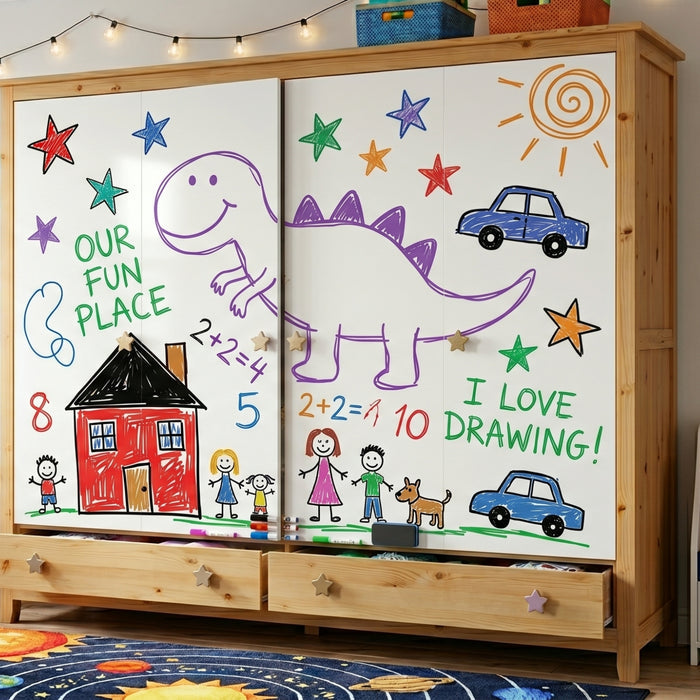 Wooden cabinet with whiteboard doors featuring colorful child-made drawings and writings.